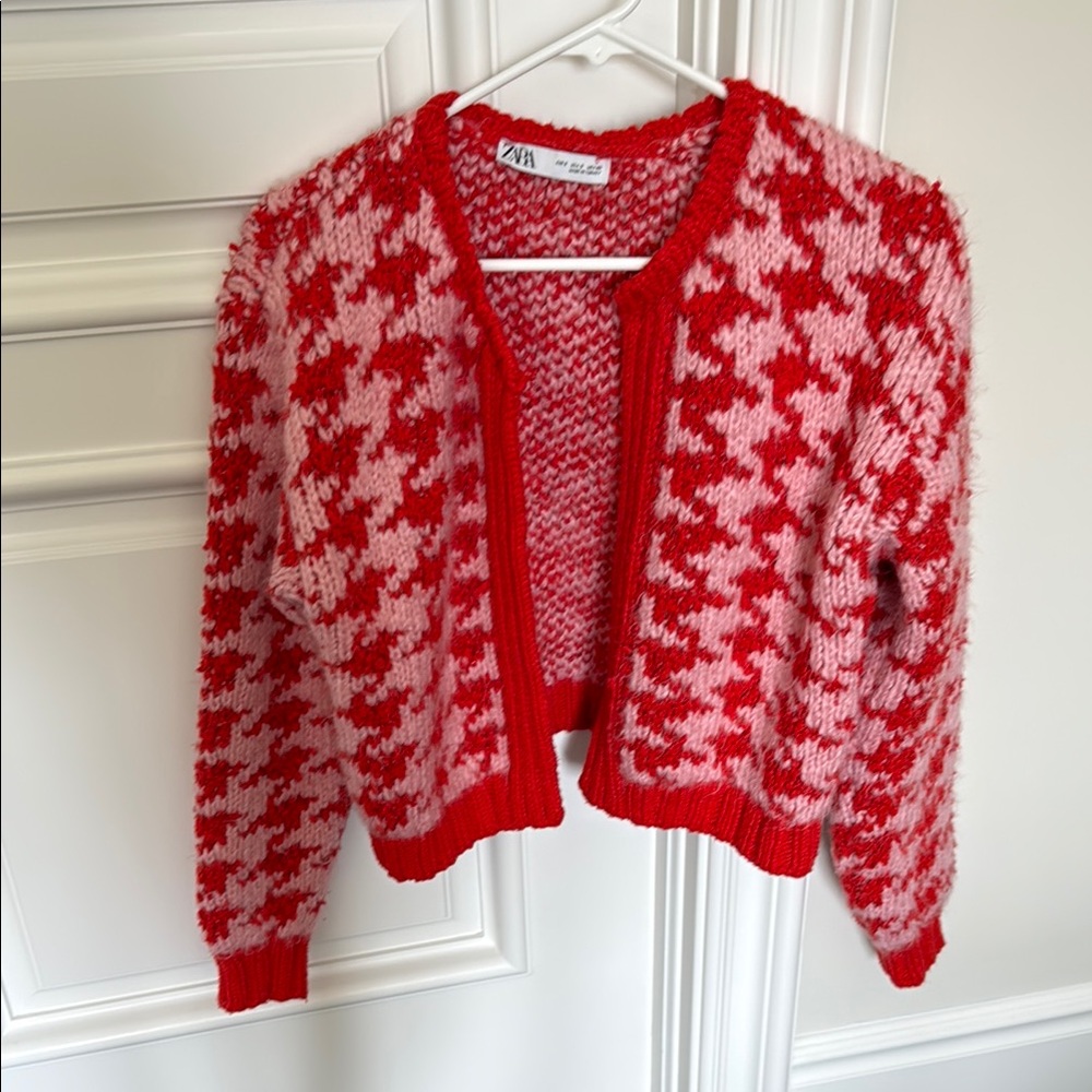 Zara Red and Pink Cardigan Sweater with Houndstooth Pattern